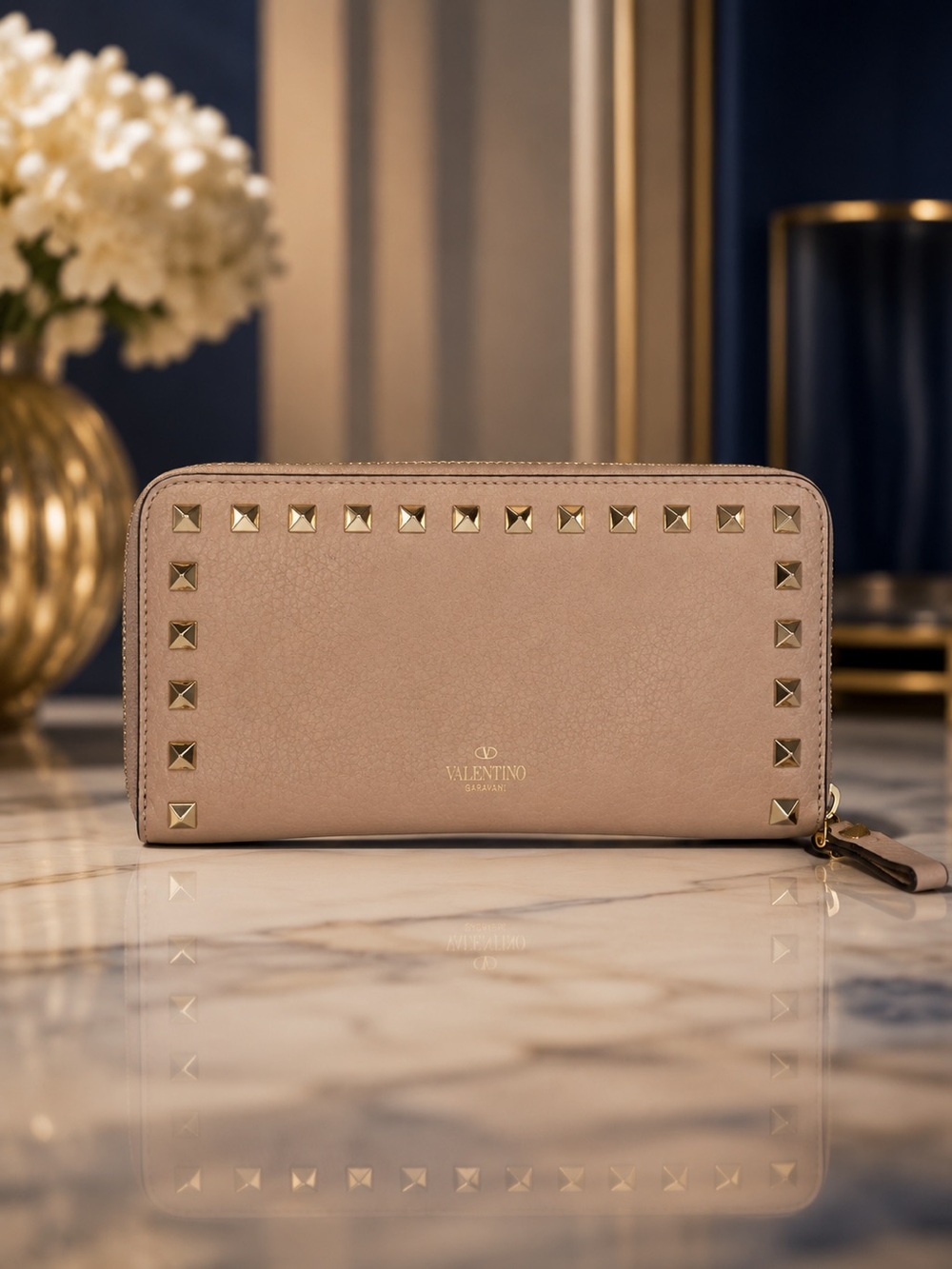 Valentino Garavani Light Pink Rockstud Leather Long Zip Wallet | Full Inclusion